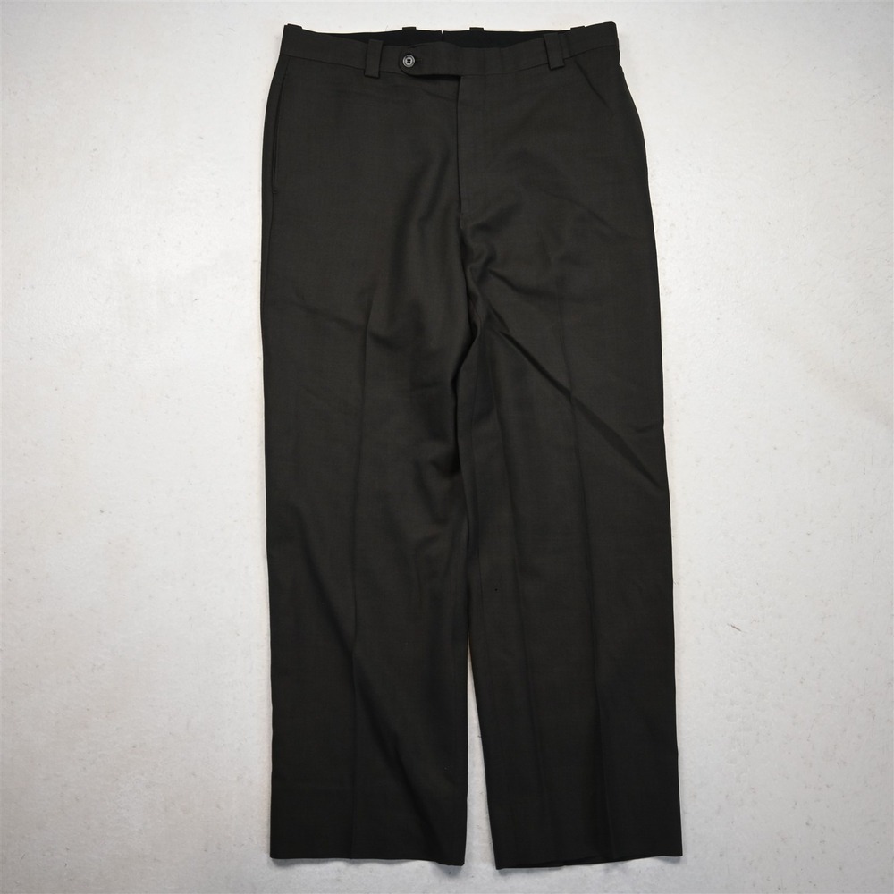 Bespoke 32x29 Brown Green Wool Flat Front Classic Dress Mens Pants